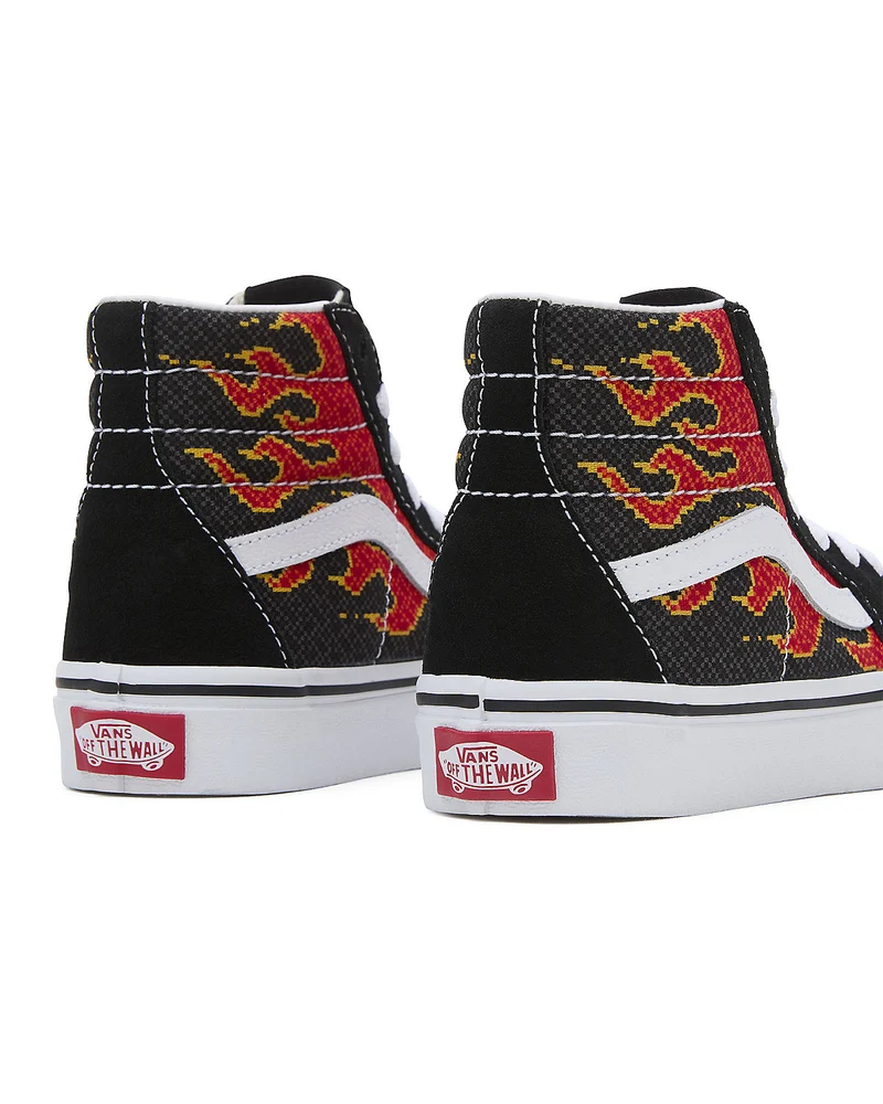 VANS Sk8-Hi Pixel Flame-Turnschuhe für Kinder – Schwarz / Rot