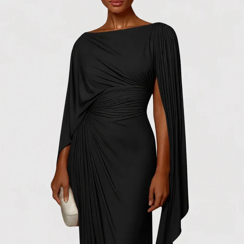 Zaelie | Langes Kleid mit Cape-Ärmeln und Raffungen