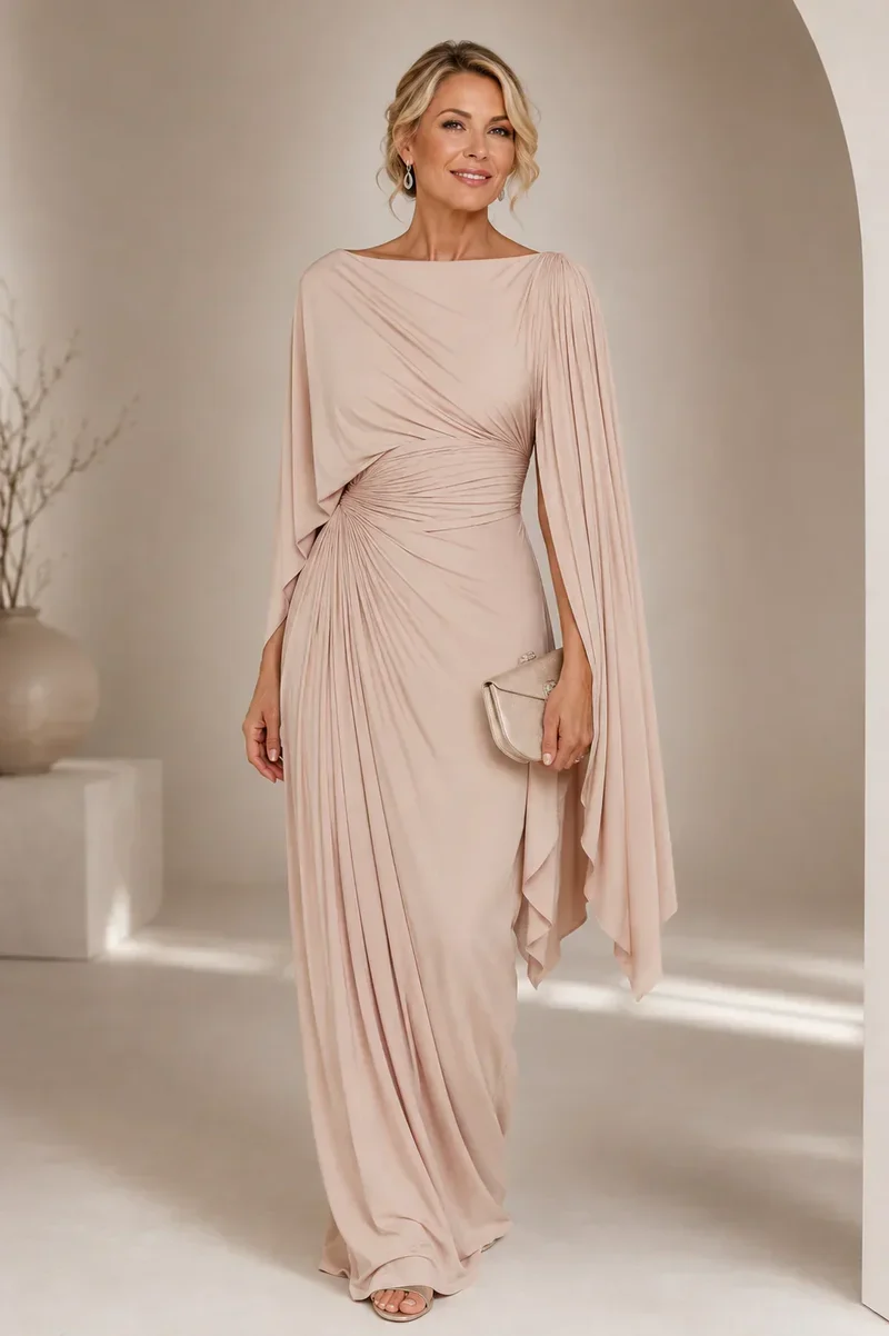 Zaelie | Langes Kleid mit Cape-Ärmeln und Raffungen