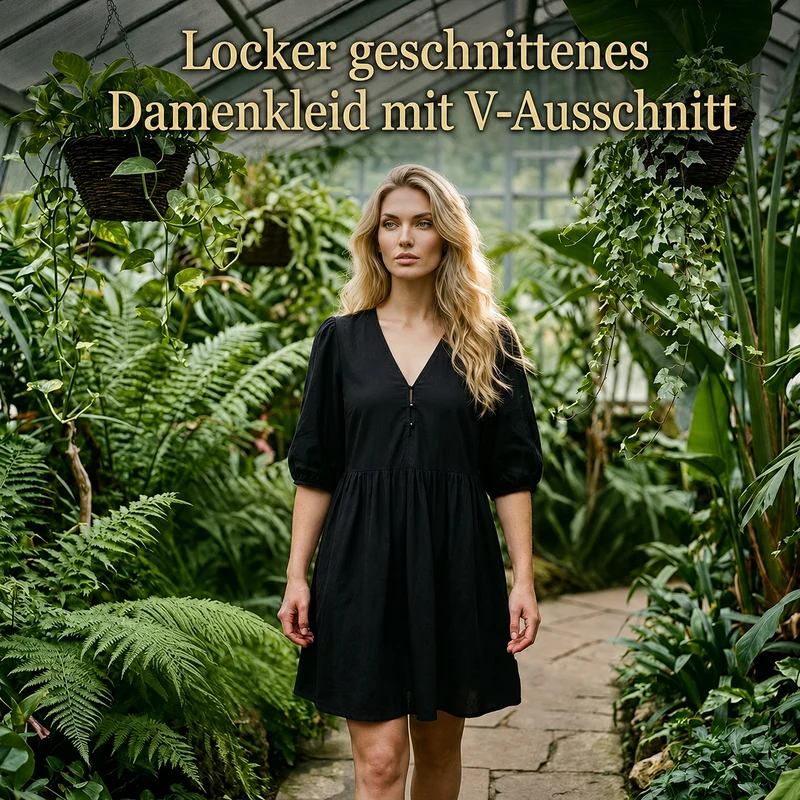 Enriette | Lockeres V-Ausschnitt-Kleid mit Puffärmeln