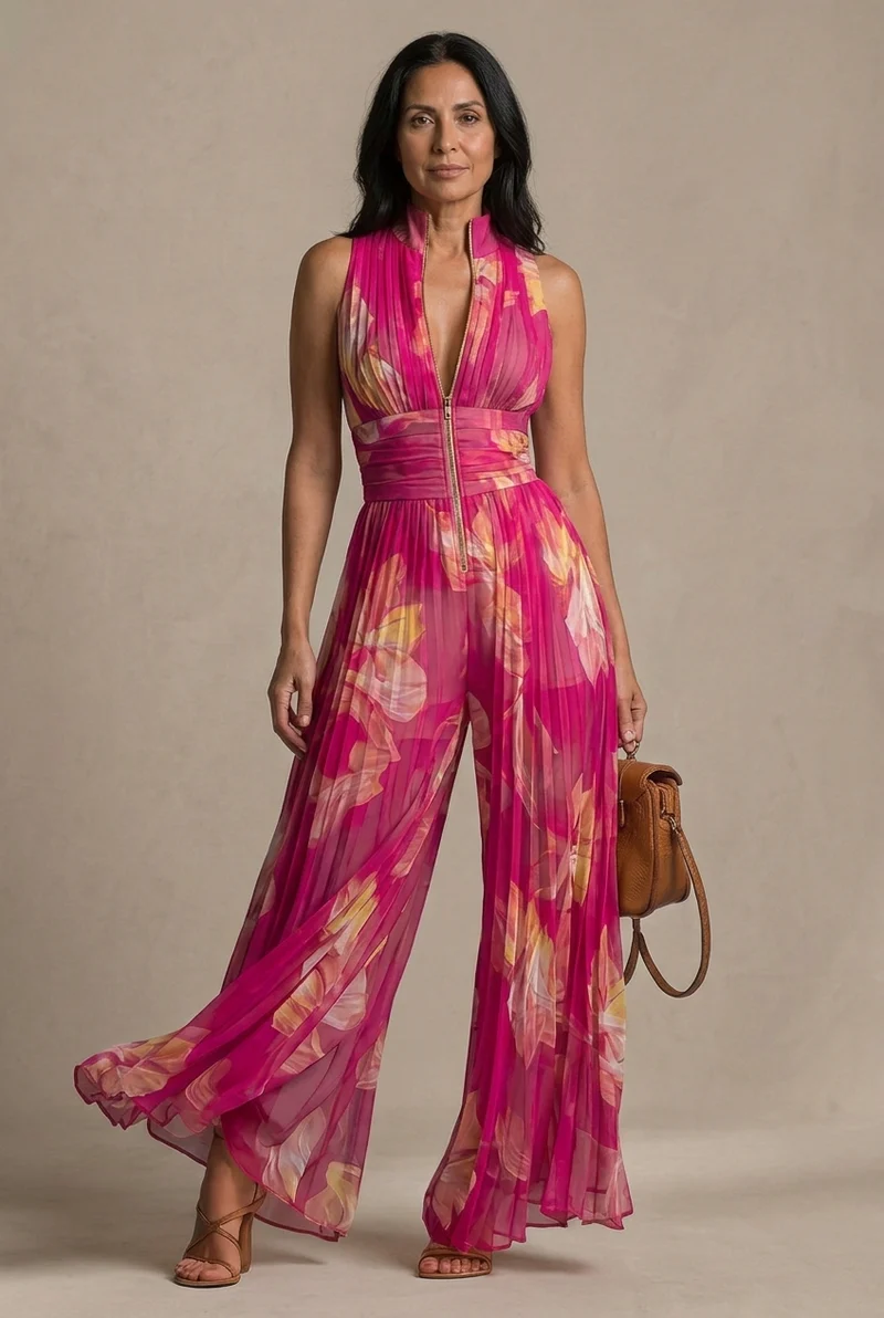 Ceralia | Floraler Plissee-Jumpsuit mit taillierter Silhouette