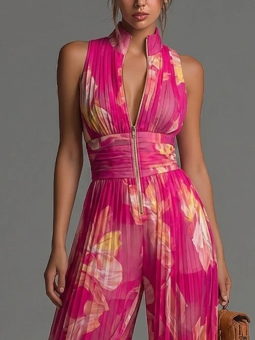 Ceralia | Floraler Plissee-Jumpsuit mit taillierter Silhouette