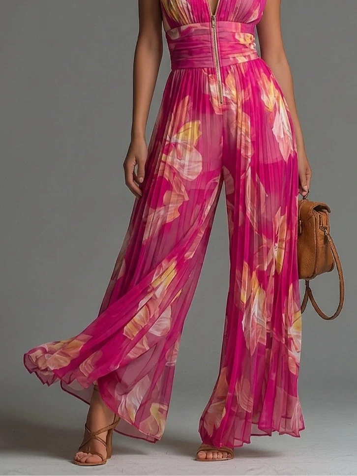 Ceralia | Floraler Plissee-Jumpsuit mit taillierter Silhouette