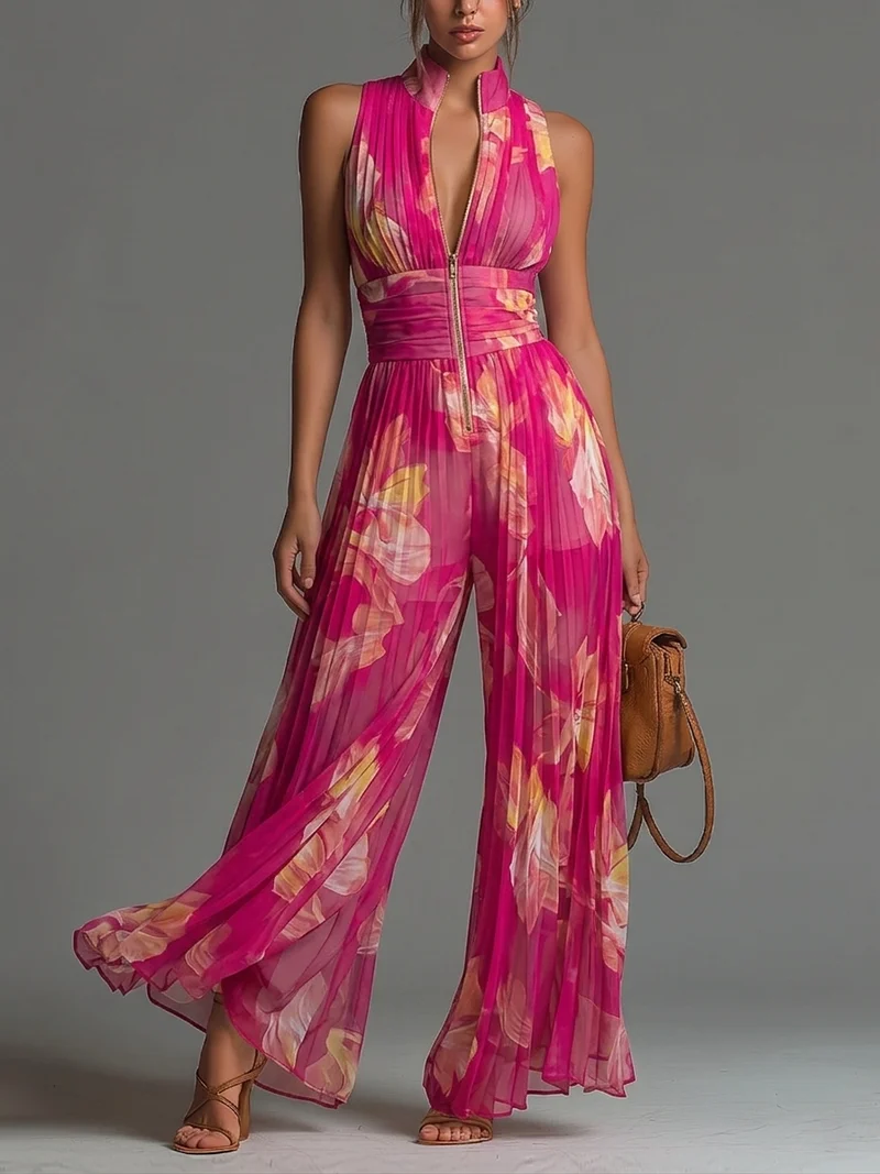 Ceralia | Floraler Plissee-Jumpsuit mit taillierter Silhouette
