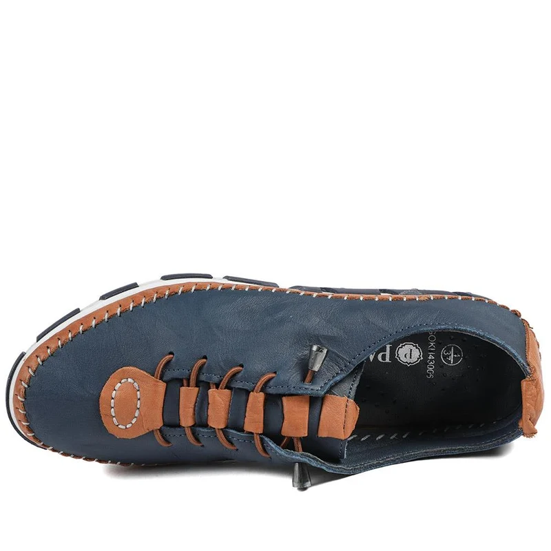 All Leather Lace Up Stitch Detail Shoes - GOKH43006 / 329 151 - Navy Tan