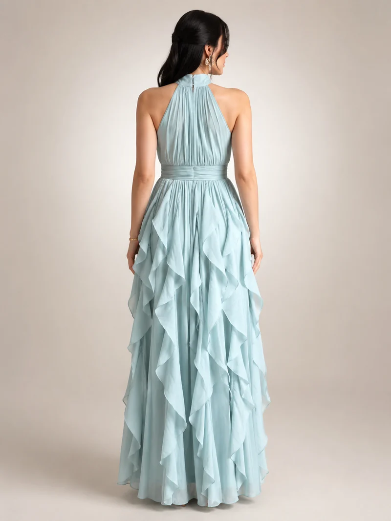 Christae | Bodenlanges Neckholderkleid mit Rüschendetails