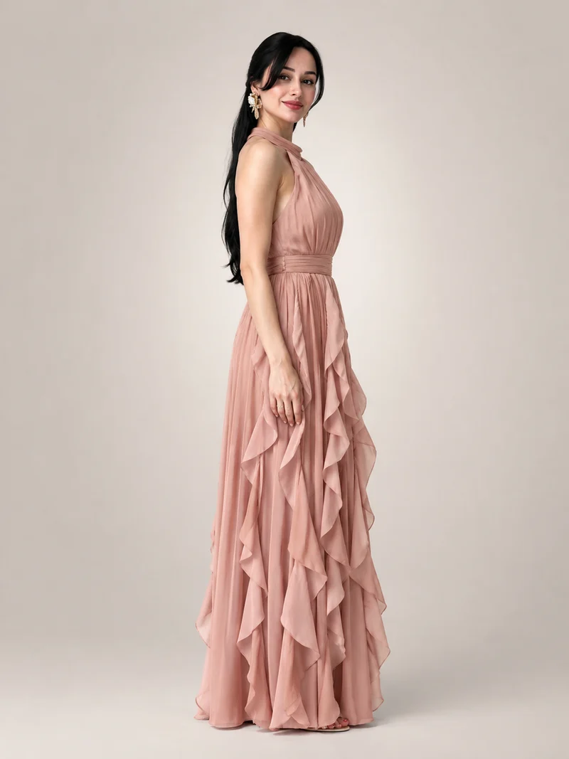 Christae | Bodenlanges Neckholderkleid mit Rüschendetails