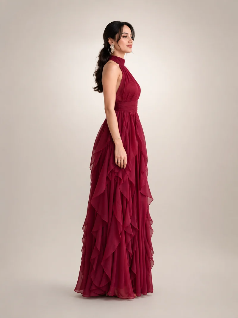 Christae | Bodenlanges Neckholderkleid mit Rüschendetails