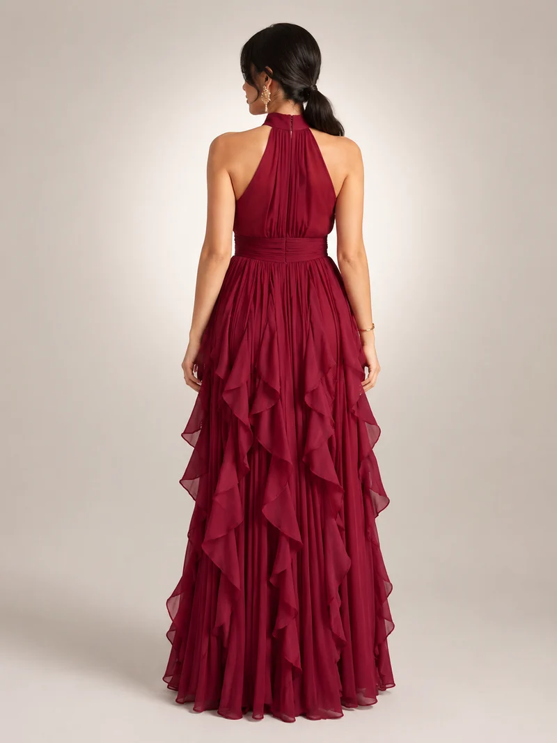 Christae | Bodenlanges Neckholderkleid mit Rüschendetails