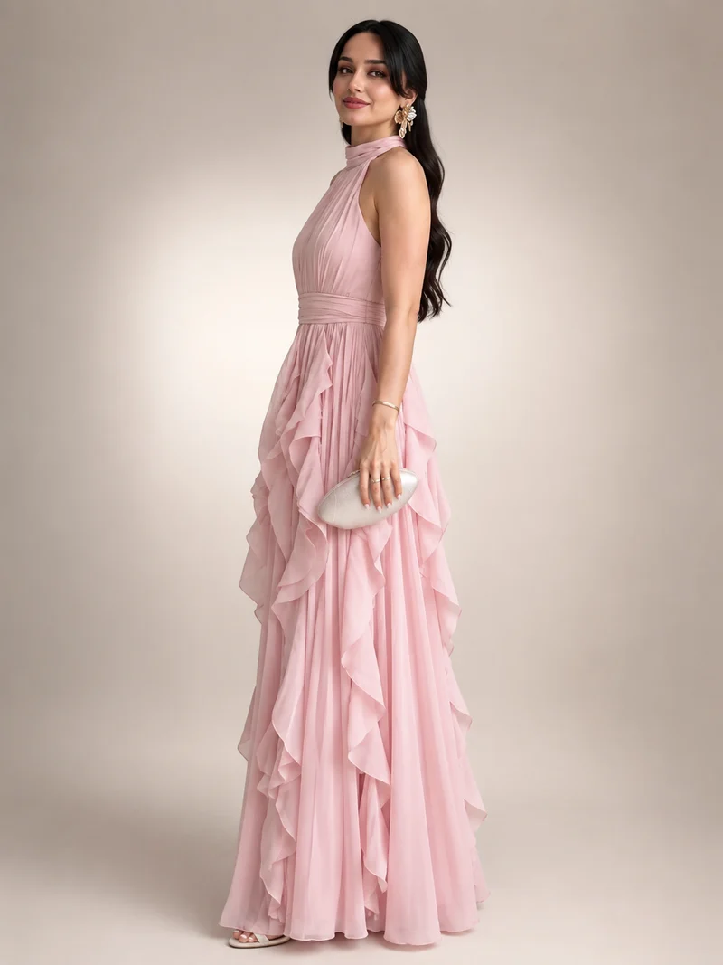 Christae | Bodenlanges Neckholderkleid mit Rüschendetails