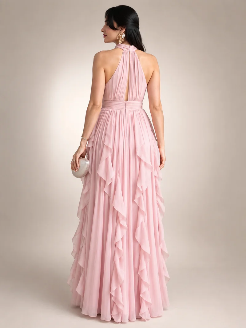 Christae | Bodenlanges Neckholderkleid mit Rüschendetails