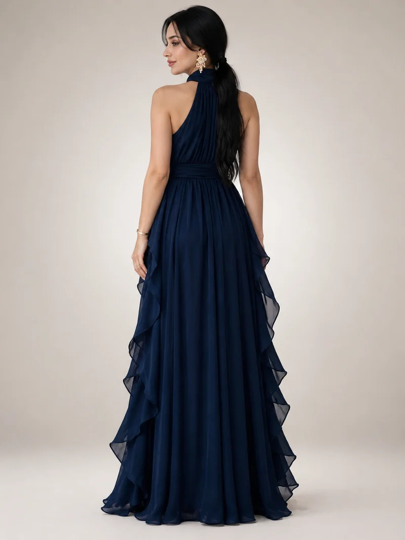Christae | Bodenlanges Neckholderkleid mit Rüschendetails