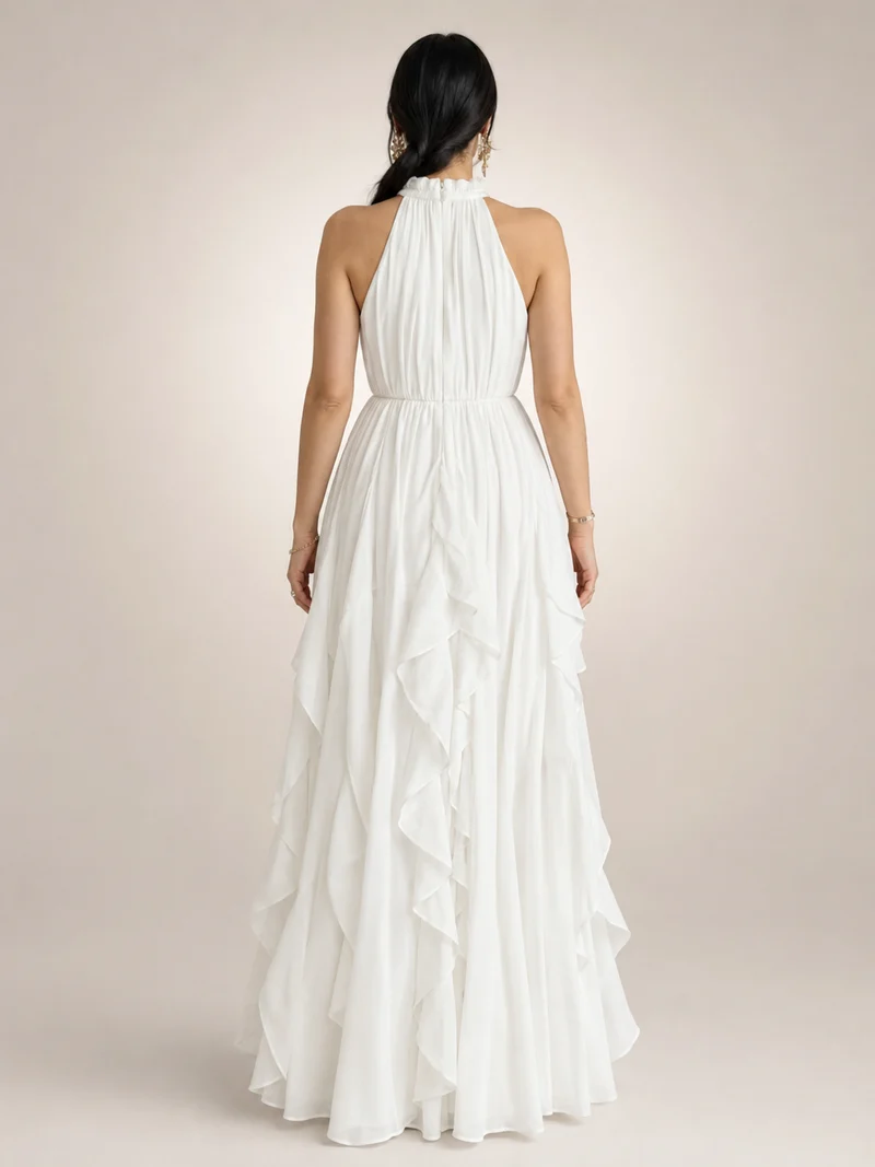 Christae | Bodenlanges Neckholderkleid mit Rüschendetails