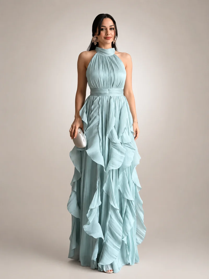 Christae | Bodenlanges Neckholderkleid mit Rüschendetails