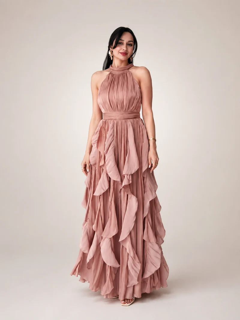 Christae | Bodenlanges Neckholderkleid mit Rüschendetails