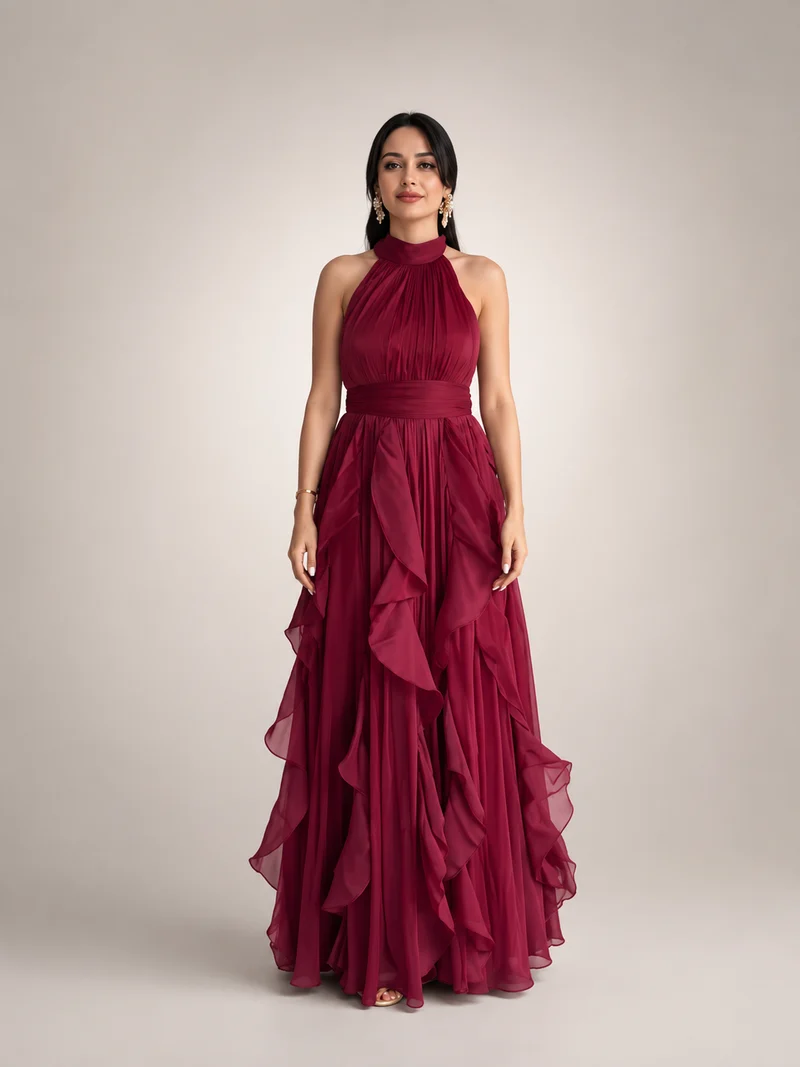 Christae | Bodenlanges Neckholderkleid mit Rüschendetails