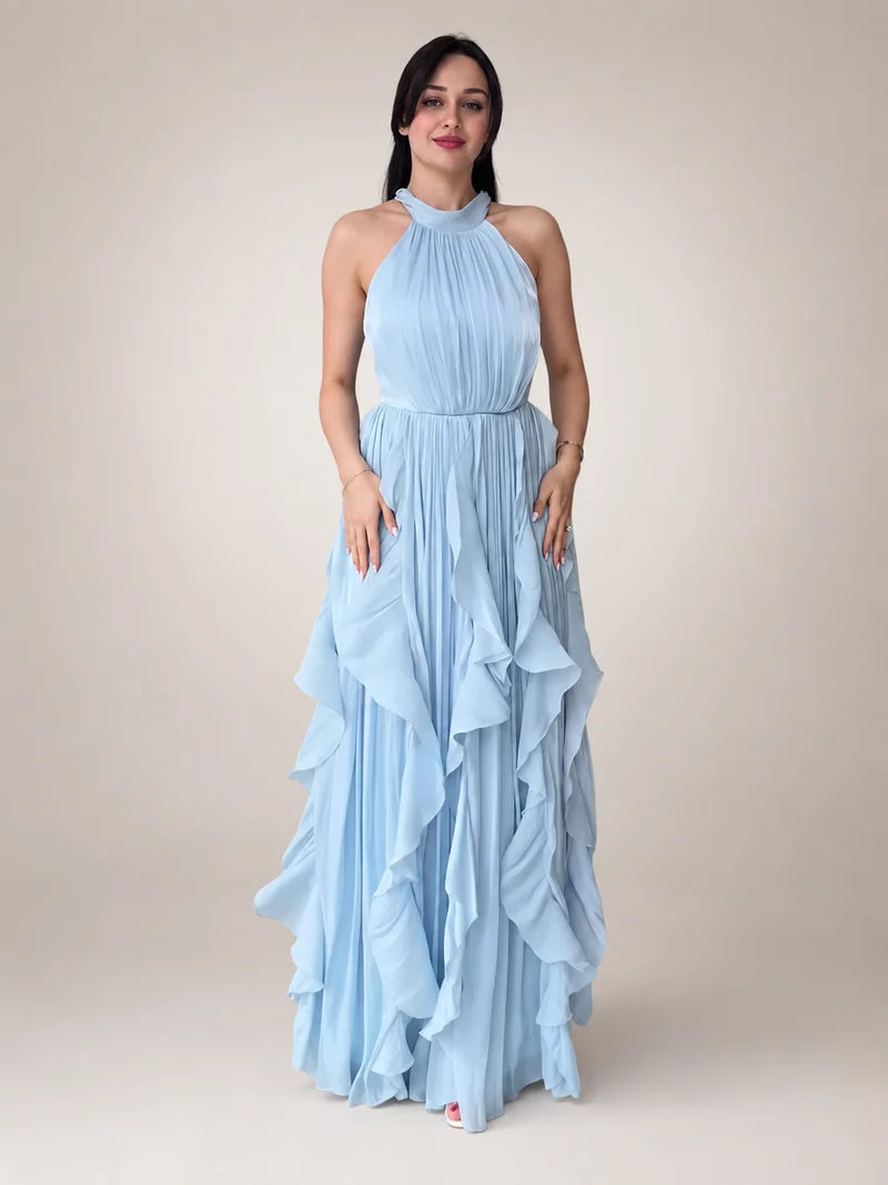 Christae | Bodenlanges Neckholderkleid mit Rüschendetails