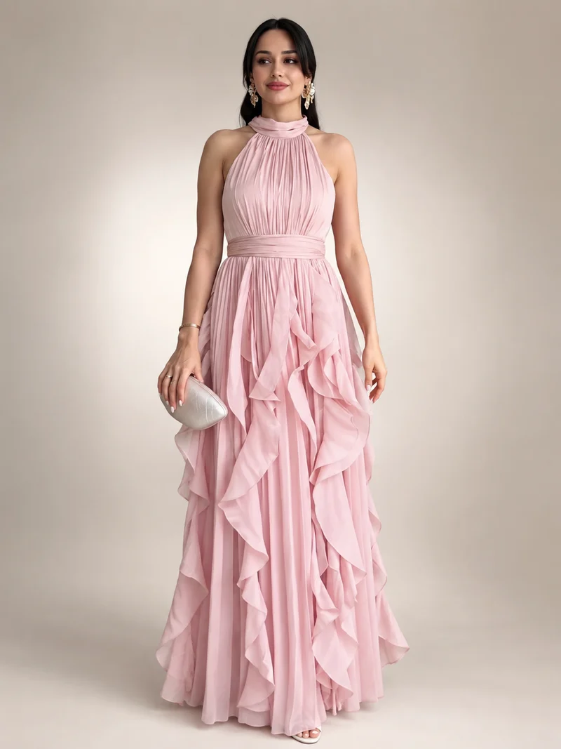 Christae | Bodenlanges Neckholderkleid mit Rüschendetails