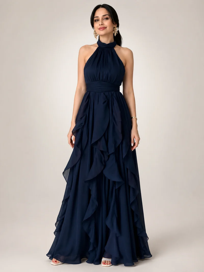 Christae | Bodenlanges Neckholderkleid mit Rüschendetails