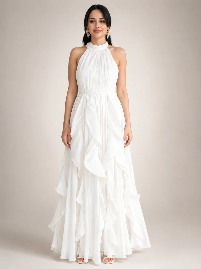 Christae | Bodenlanges Neckholderkleid mit Rüschendetails