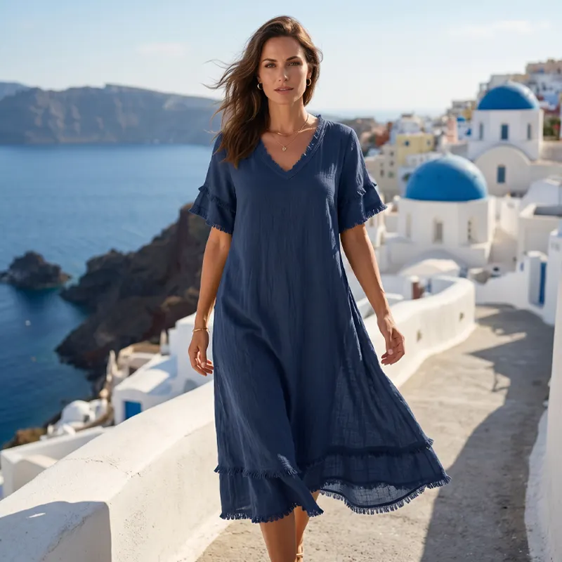 Bruhildda | Boho-Kleid aus Baumwolle mit Quastenbesatz