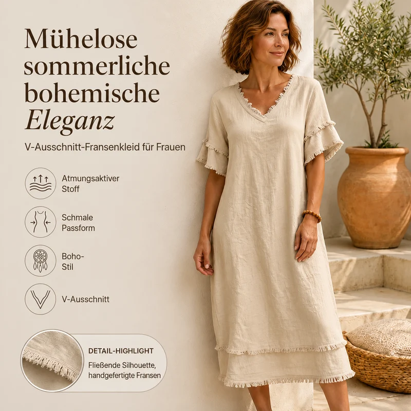 Bruhildda | Boho-Kleid aus Baumwolle mit Quastenbesatz