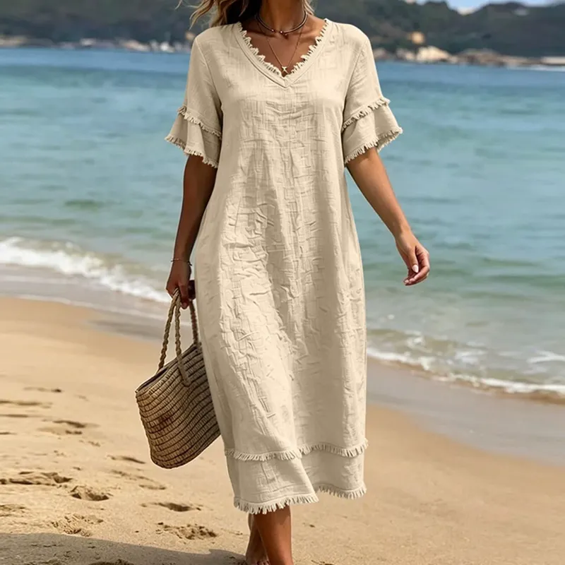 Bruhildda | Boho-Kleid aus Baumwolle mit Quastenbesatz