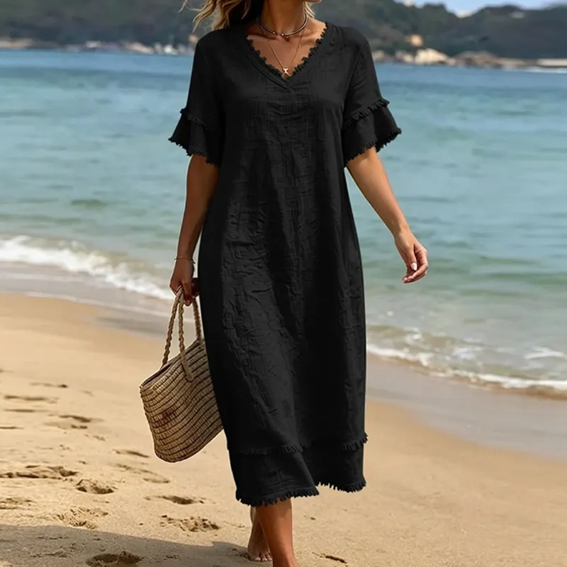 Bruhildda | Boho-Kleid aus Baumwolle mit Quastenbesatz