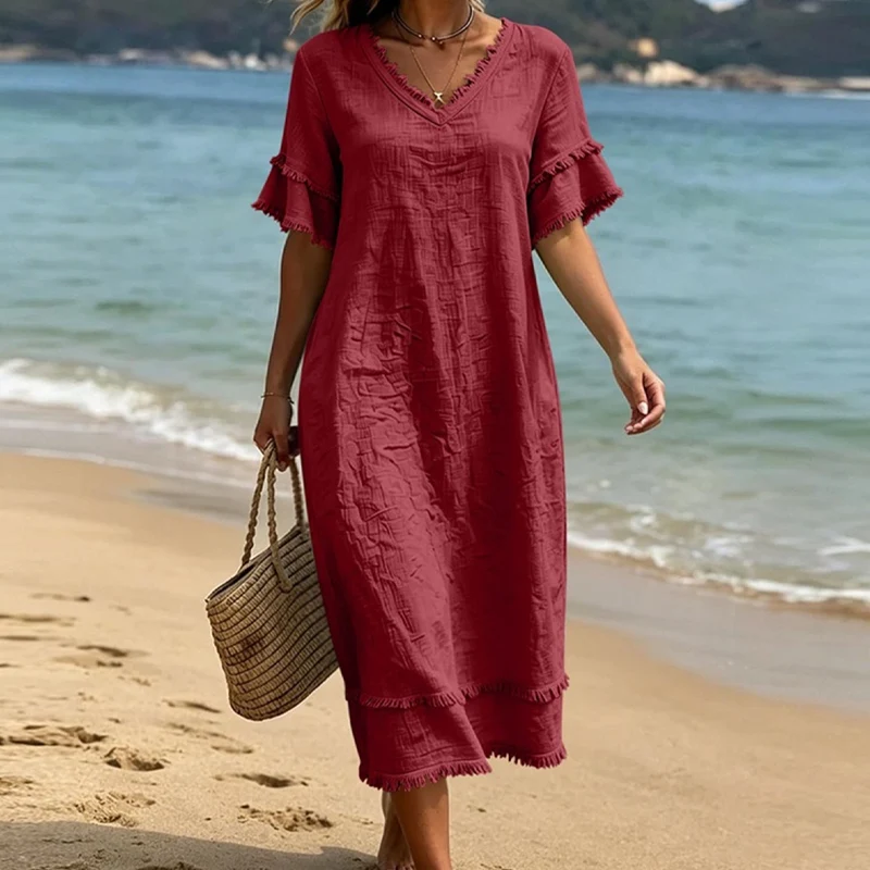 Bruhildda | Boho-Kleid aus Baumwolle mit Quastenbesatz