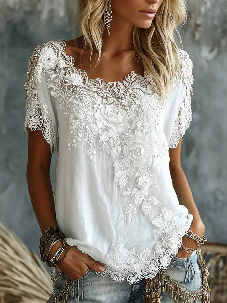 Daevea | Vintage-Bluse mit floraler Spitzenstickerei
