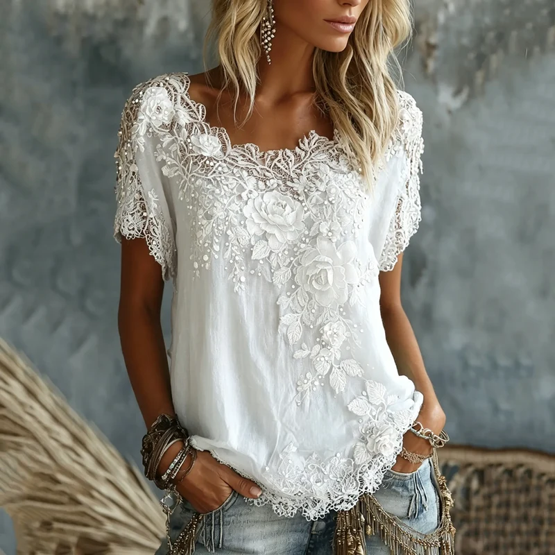 Daevea | Vintage-Bluse mit floraler Spitzenstickerei