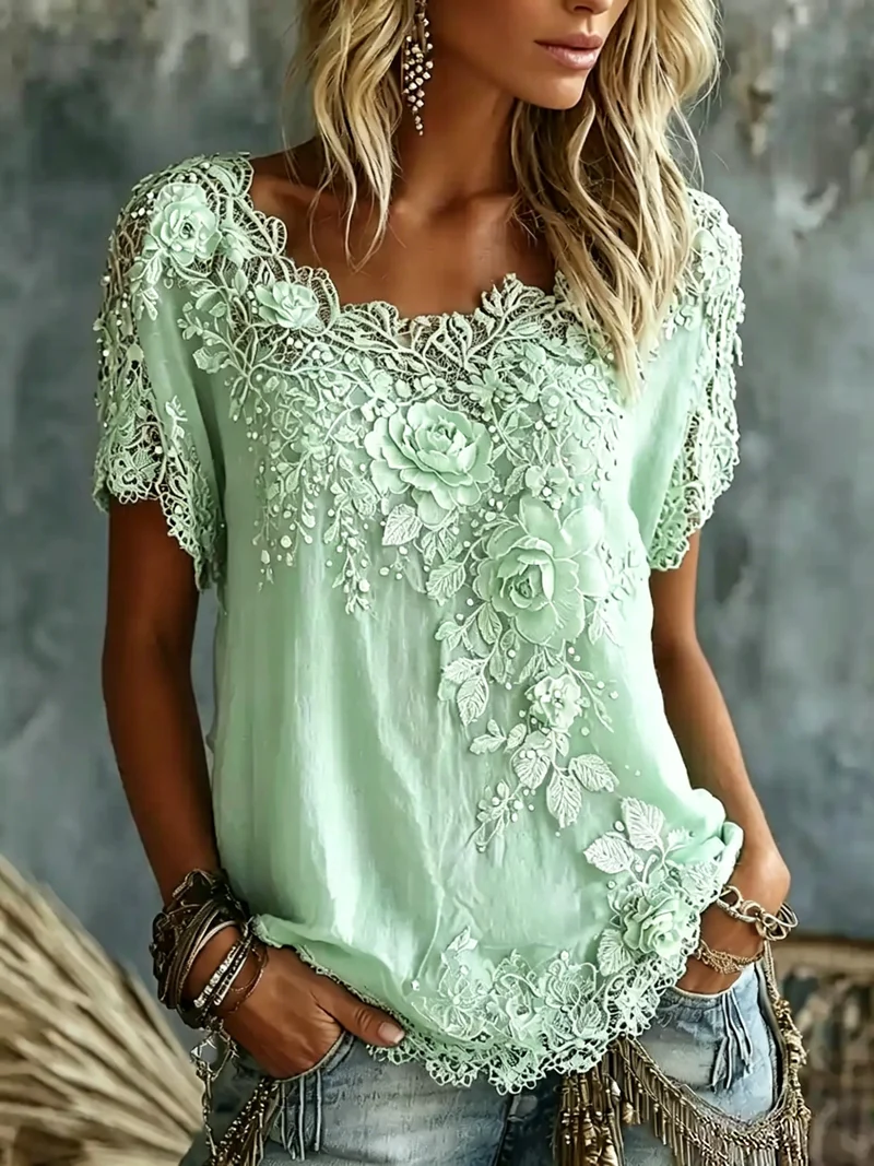 Daevea | Vintage-Bluse mit floraler Spitzenstickerei