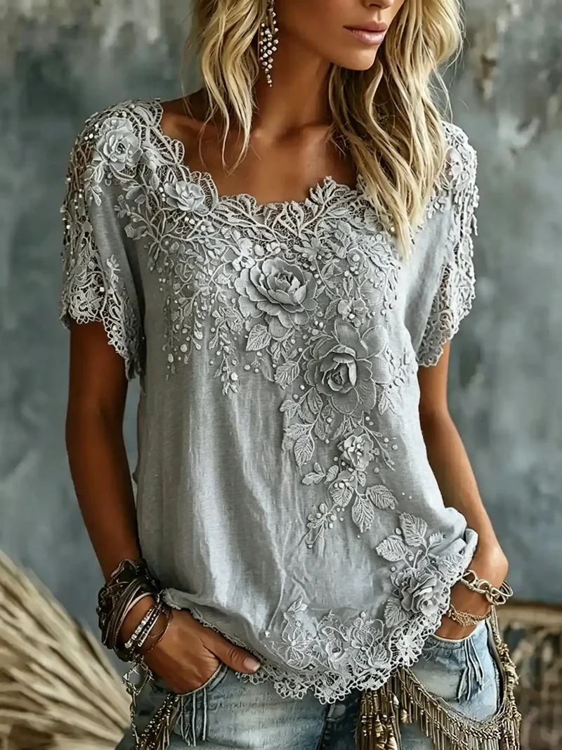 Daevea | Vintage-Bluse mit floraler Spitzenstickerei