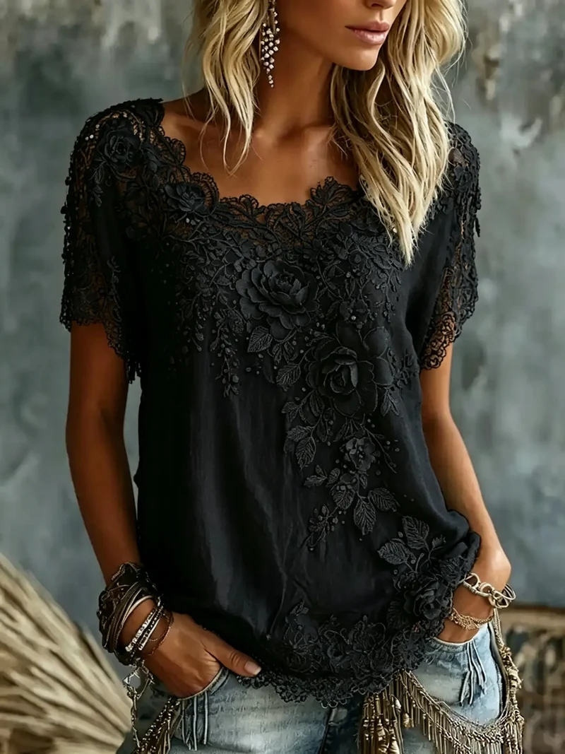 Daevea | Vintage-Bluse mit floraler Spitzenstickerei