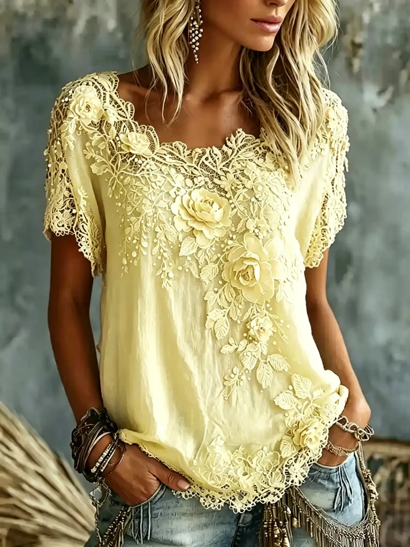 Daevea | Vintage-Bluse mit floraler Spitzenstickerei