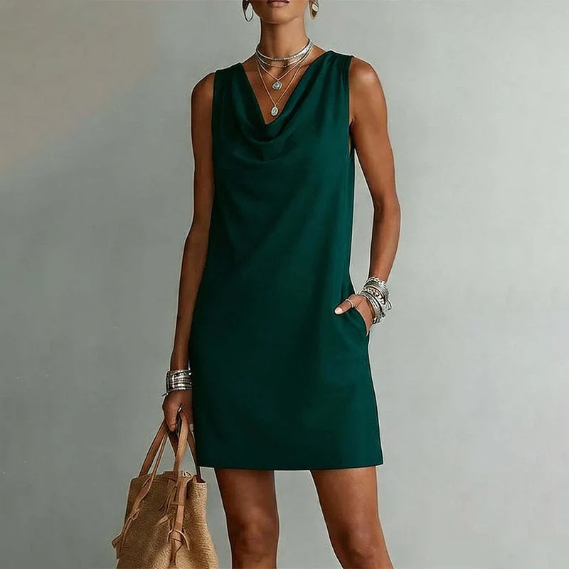 Kelena | Ärmelloses Kleid mit Wasserfallausschnitt und Taschen