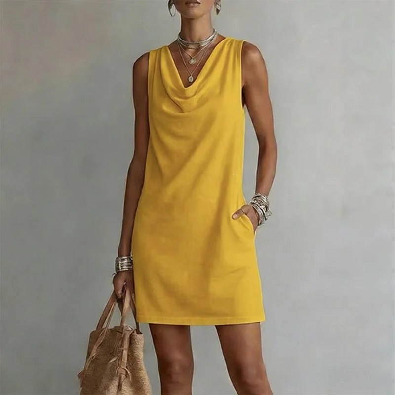 Kelena | Ärmelloses Kleid mit Wasserfallausschnitt und Taschen