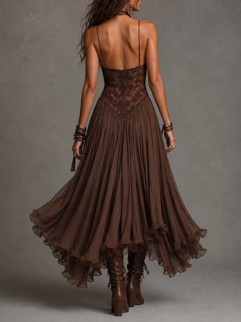 Deonissa | Braunes Chiffon-Maxikleid mit Spitzeneinsatz