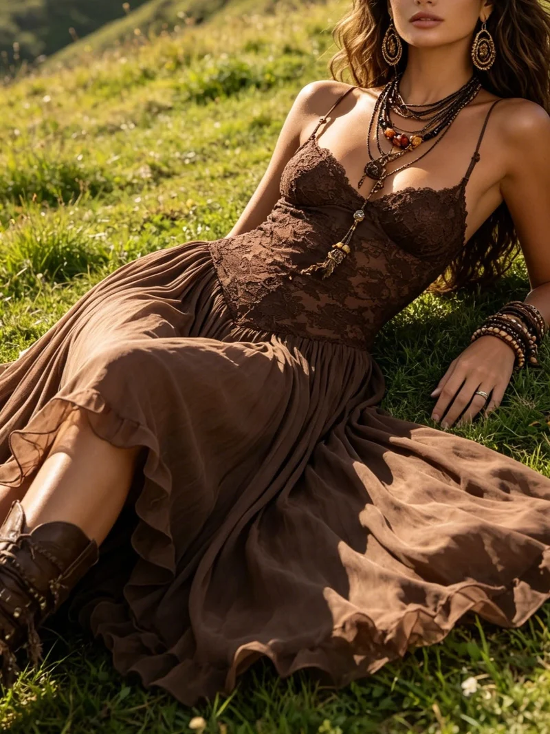 Deonissa | Braunes Chiffon-Maxikleid mit Spitzeneinsatz