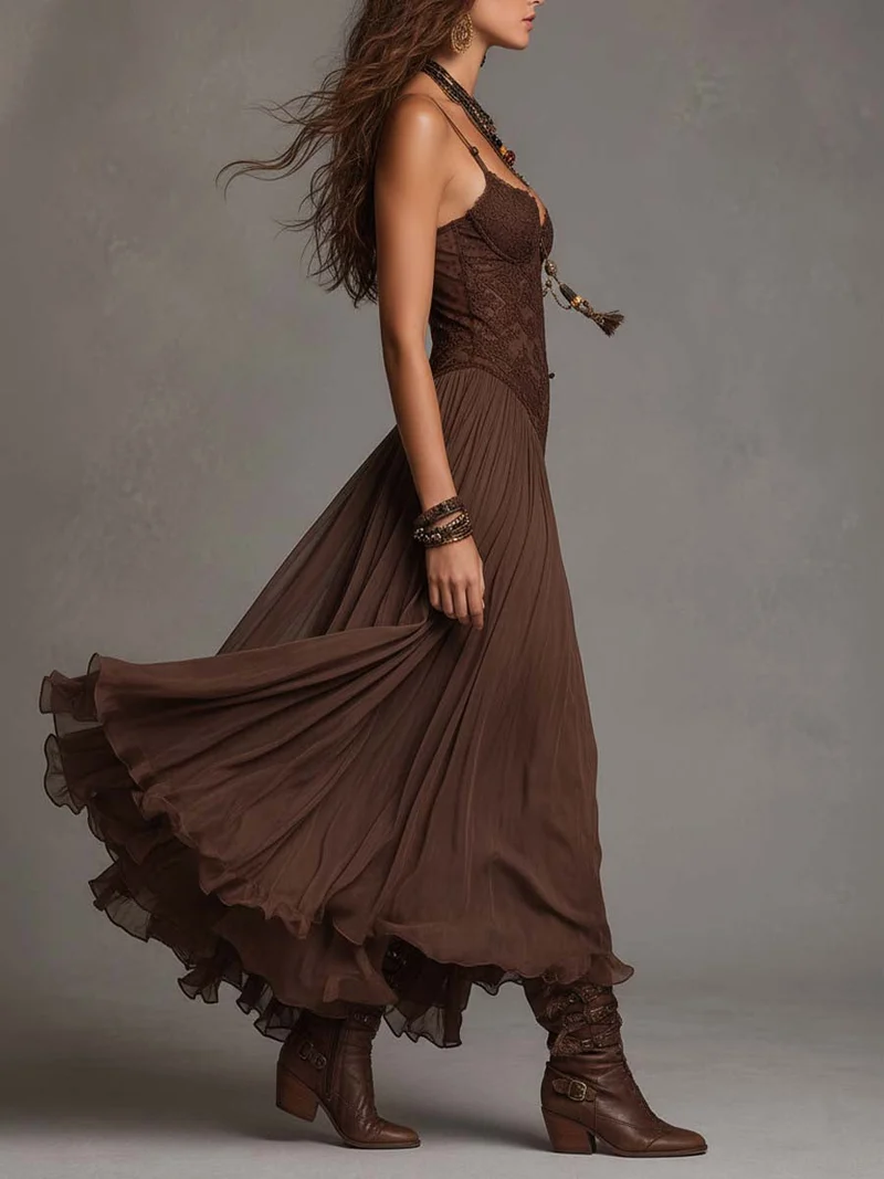 Deonissa | Braunes Chiffon-Maxikleid mit Spitzeneinsatz