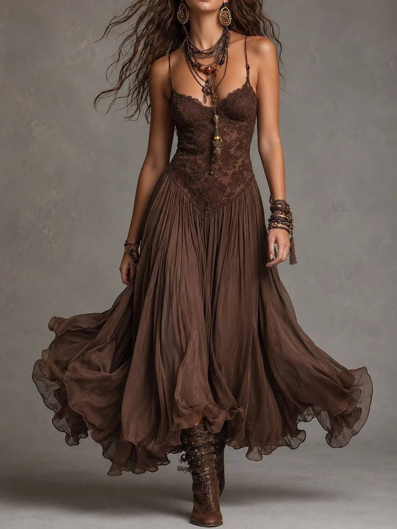 Deonissa | Braunes Chiffon-Maxikleid mit Spitzeneinsatz