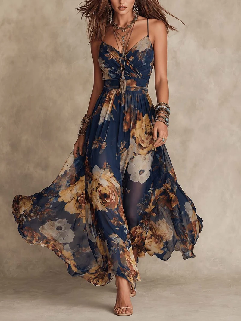Deloria | Elegantes Trägerkleid mit romantischem Blütenmuster