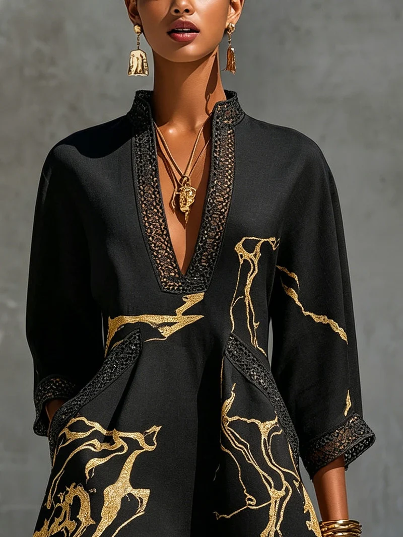 Kalvina | Schwarzes Kleid mit goldenem Muster