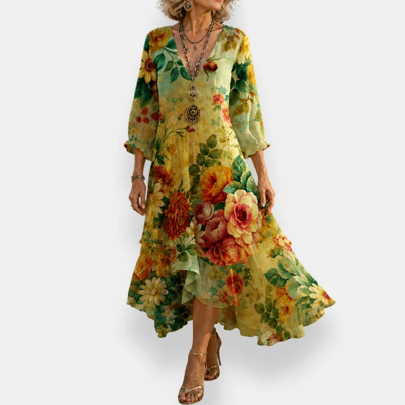 Mirelina | Fließendes V-Ausschnitt-Kleid mit farbenfrohem Print
