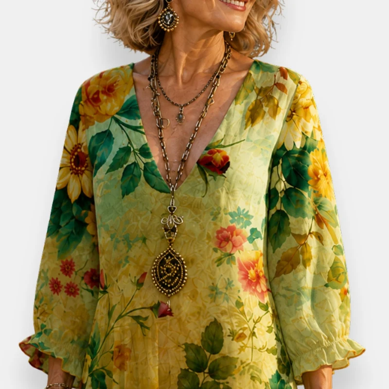 Mirelina | Fließendes V-Ausschnitt-Kleid mit farbenfrohem Print
