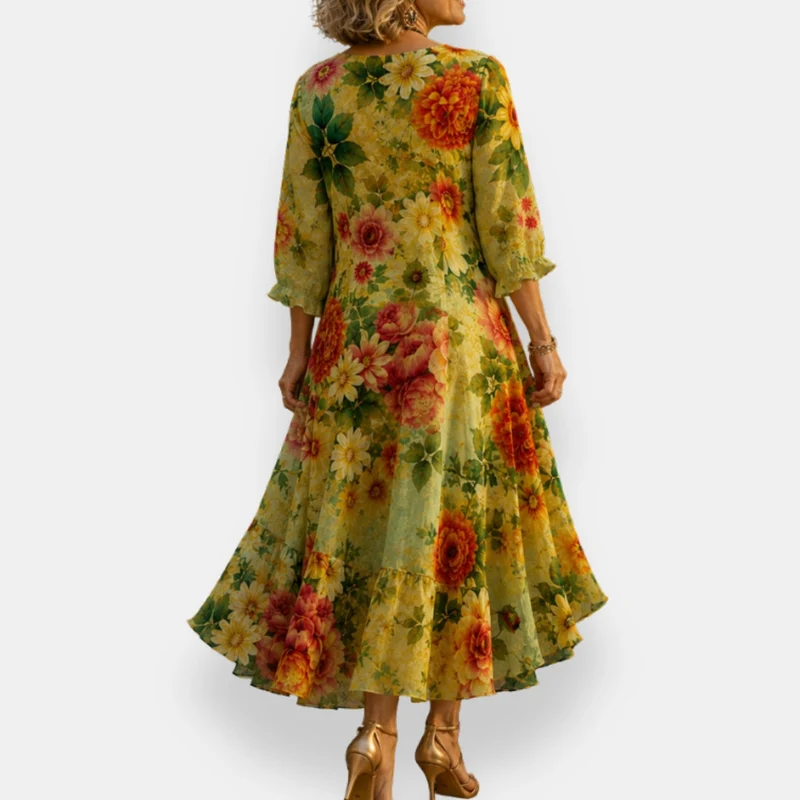 Mirelina | Fließendes V-Ausschnitt-Kleid mit farbenfrohem Print