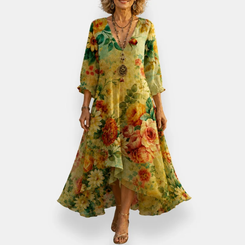 Mirelina | Fließendes V-Ausschnitt-Kleid mit farbenfrohem Print