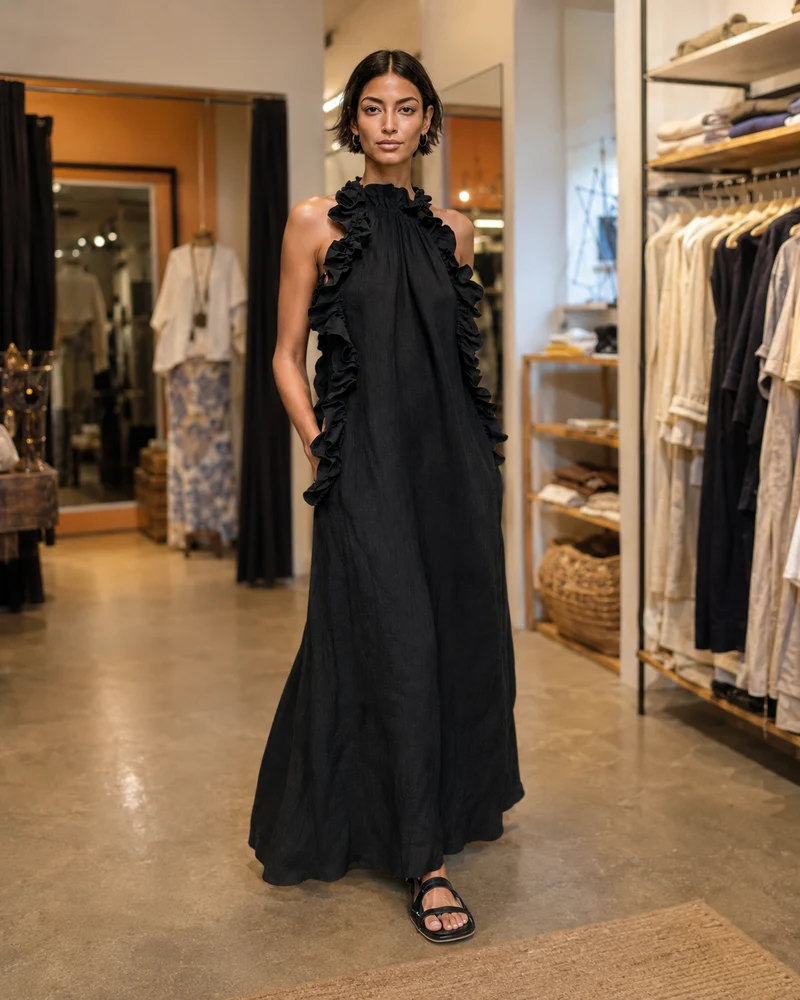 Felene | Ärmelloses Leinen-Maxikleid mit Rüschen