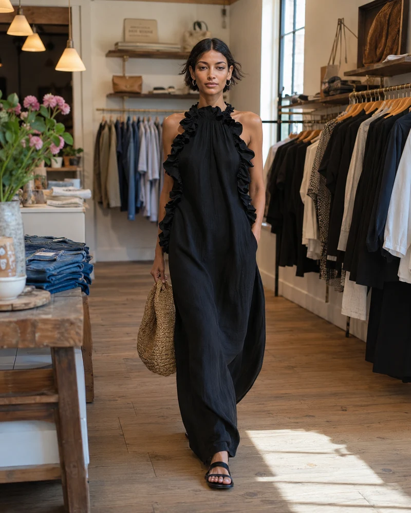 Felene | Ärmelloses Leinen-Maxikleid mit Rüschen