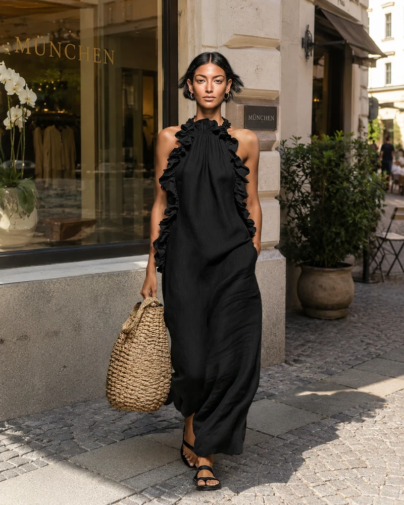 Felene | Ärmelloses Leinen-Maxikleid mit Rüschen